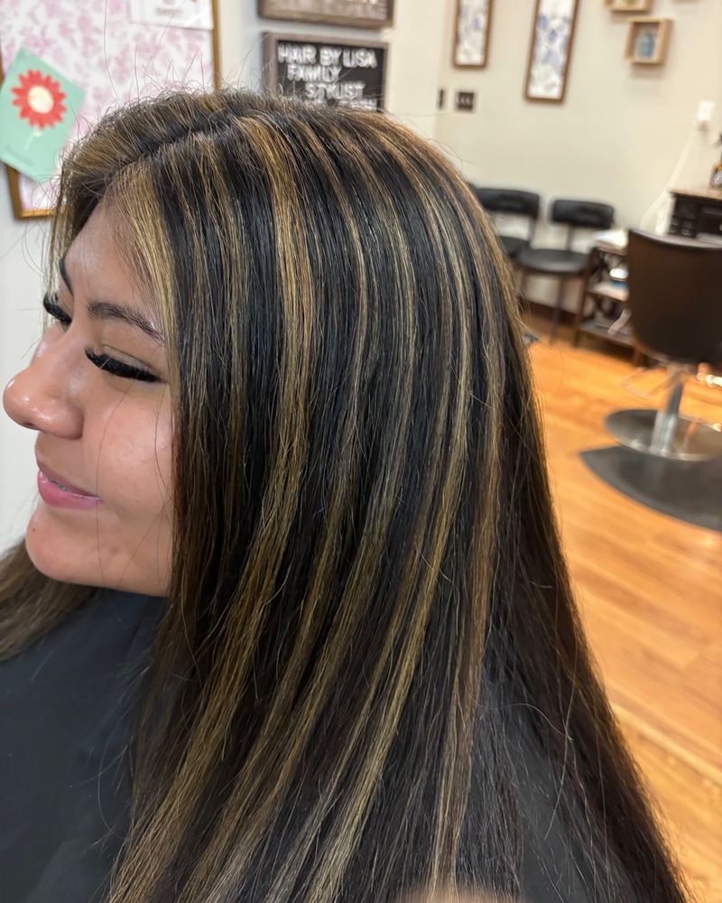 Long dark hair with caramel highlights