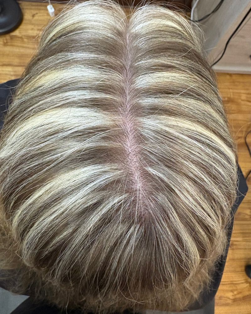 Soft ash blonde highlights seen from above